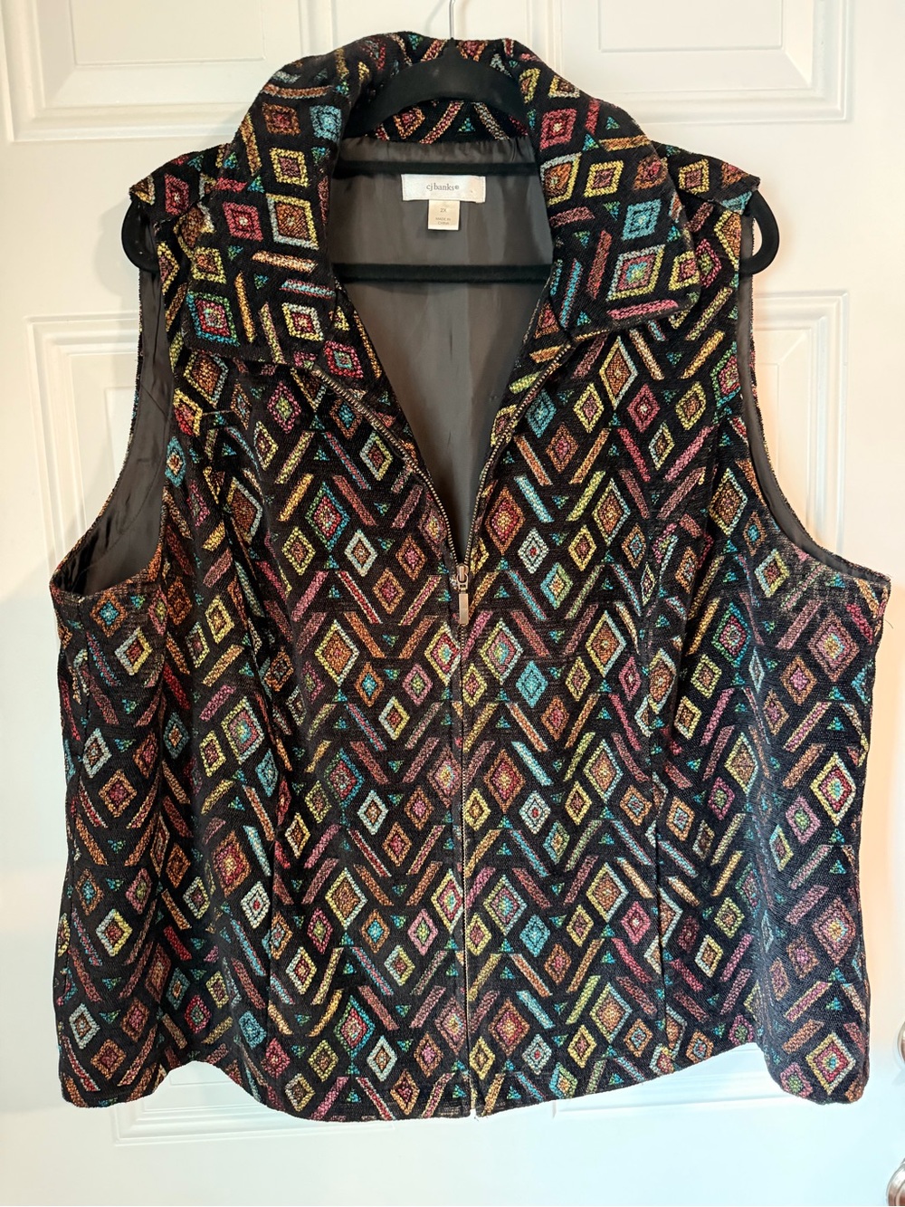 CJ Banks Black Multi Metallic Geometric Zip-Front Vest